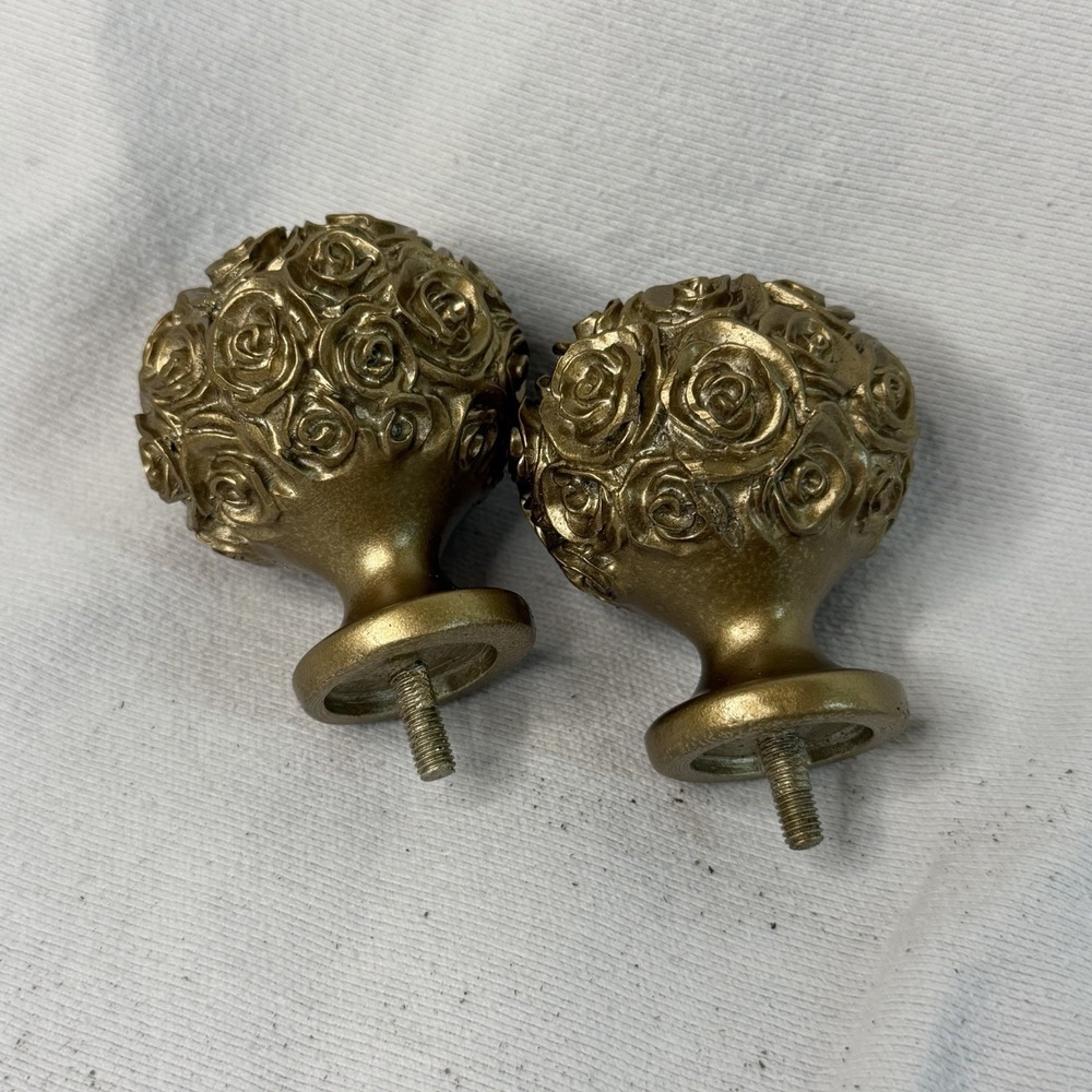 Antique Gold Curtain Rod Finials Rose Cluster Design Whimsical Decor